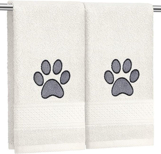 SmoothNovelty 2 Pcs Dog Paw Hand Towels Beige Bathroom Decor 13 x 29 Inch 100% Cotton Embroidered Soft Hand Towels Absorbent Farmhouse for Kitchen Restroom
