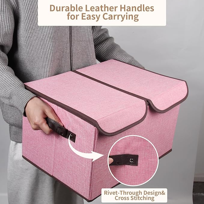 Foldable Fabric Storage Box, 16.5 x 11.8 x 9.8 inches (L x W x H), with Double-Lid & Dividers, Large Organizer for Home, Closet, Office(Pink, 3 Packs)