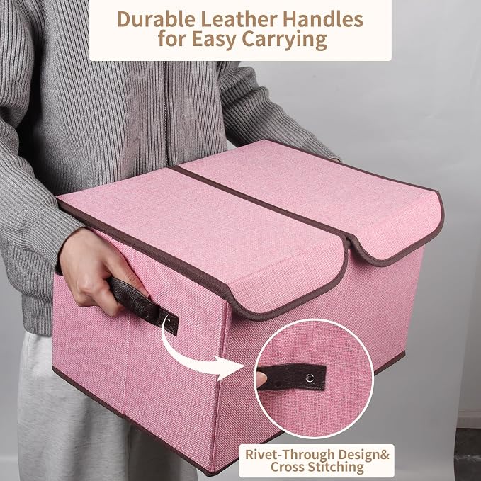 Foldable Fabric Storage Box with Double-Lid & Dividers, Large Organizer for Home, Closet, Office (Pink, 2 Packs)