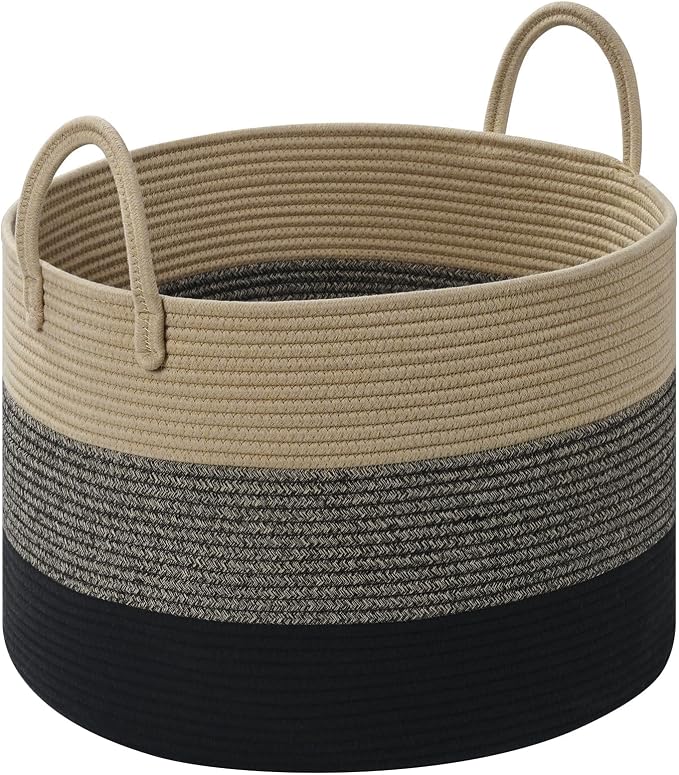 67L Large Woven Blanket Basket, Cotton Rope Baby Laundry Hamper with Handles, Kids Toy Basket for Classroom & Nursery, Soft Round Stuffed Animal Storage, Dog Toy Bin - 20"x13", Black & Brown