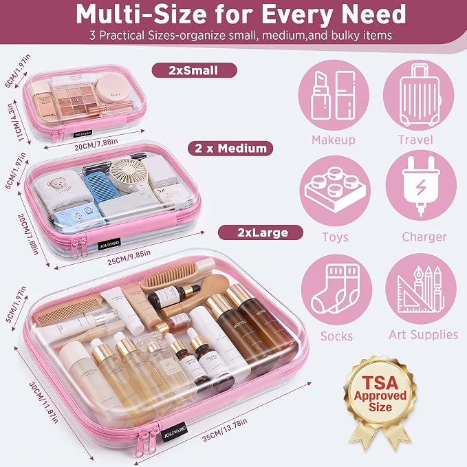 Clear Hard Shell Zipper Case Makeup Storage Organizer Pouches TSA Approved | Travel organizer bags for toiletries, cosmetics, electronics & diaper bins. Multi-size for office, camping, beach & home