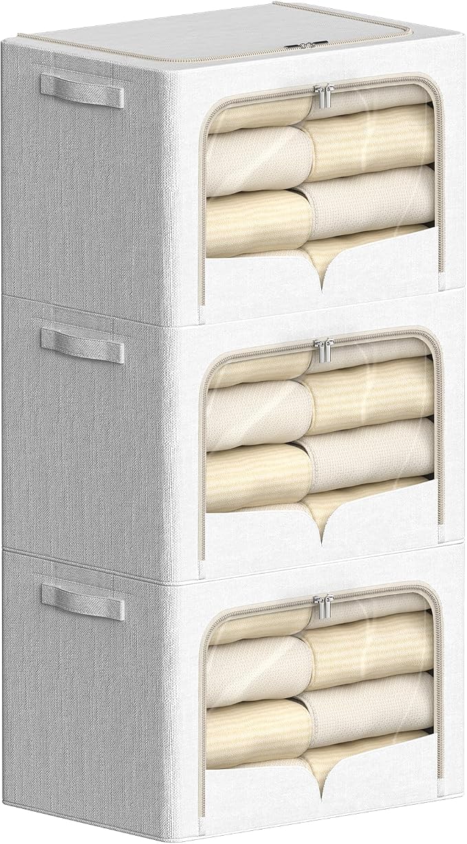FHSQX 3 Pack Clothes Storage Bins - Foldable Metal Frame Storage Box - Stackable Linen Fabric Container Organizer Set with Carrying Handles and Clear Window (Cream White, 19.7x15.7x13inch(66L))
