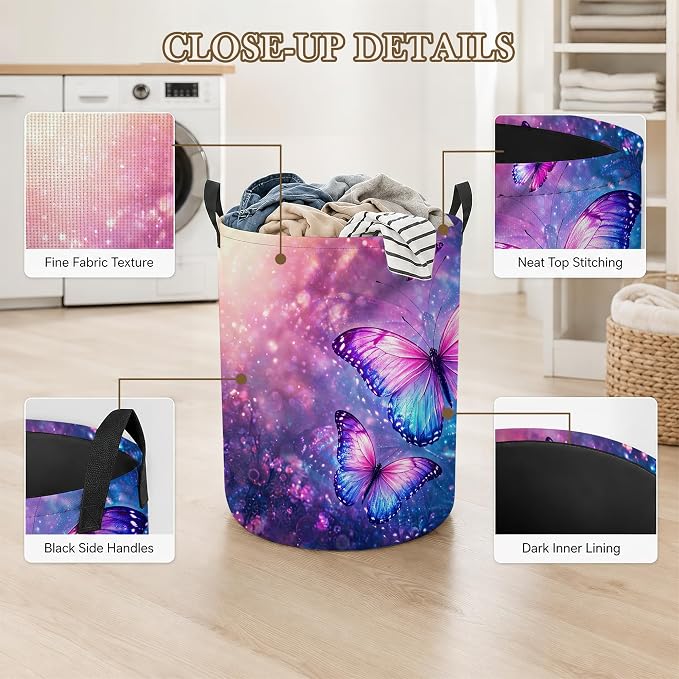 Butterfly Fantasy Laundry Basket, Foldable Oxford Cloth Purple Blue Laundry Hamper with Handles, Tote Bag Clothes Storage Bucket for Laundry Room/Bathroom/Bedroom/Dormitories 20.8"x16"