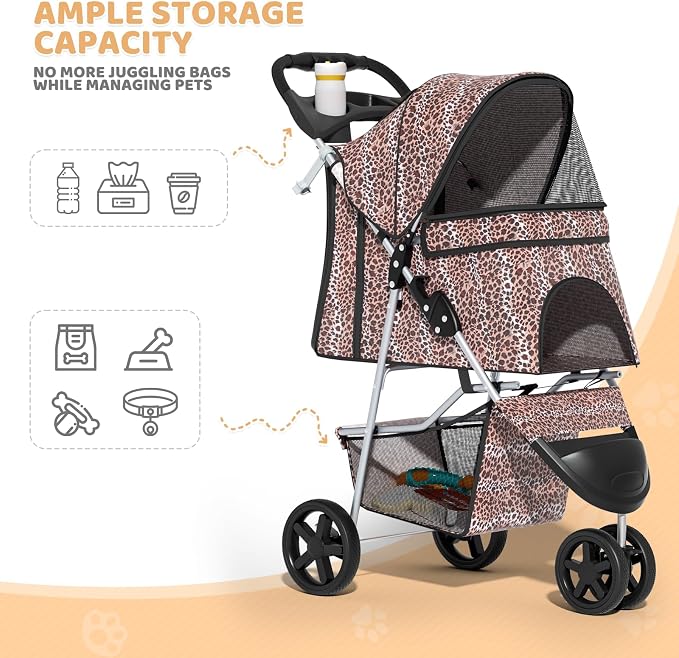 Magshion 3-Wheel Pet Stroller for Small/Medium Dogs & Cats, Up to 33lbs | Foldable Travel Jogger w/ Breathable Mesh Cover, Lightweight Design, Safety Tethers, Cup Holder & Storage Basket