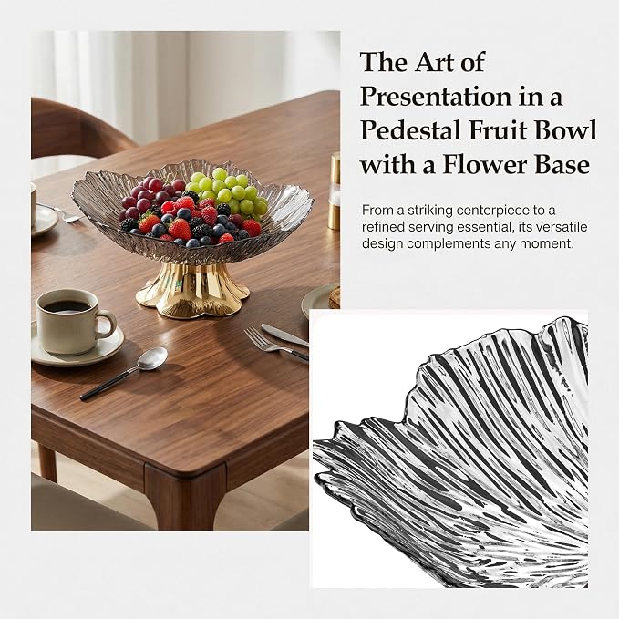 Pedestal Fruit Bowl, Snack Storage Holder, Fruit Tray, Dessert Display Stand, Decorative for Living Room Kitchen Home, E with Gold Base, Black