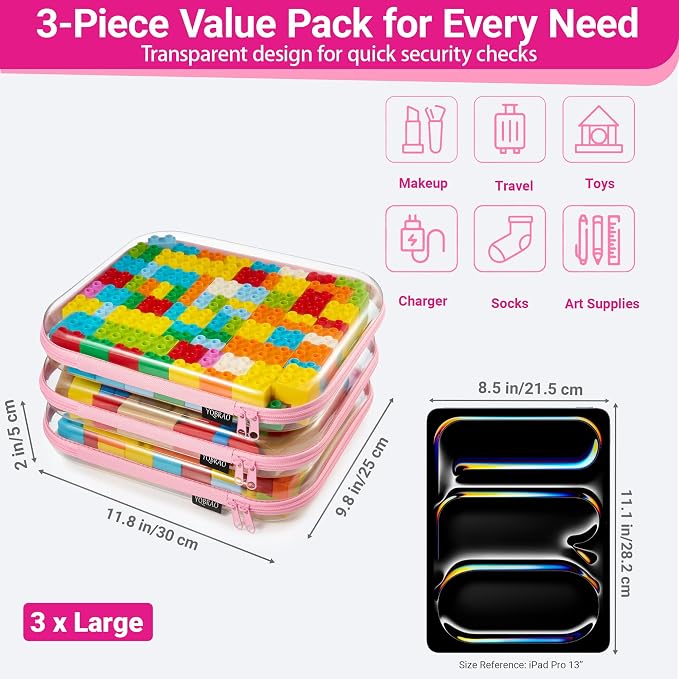 YQBRAO Clear Hard Shell Zipper Cases, 3 Large Travel Organizers, Pink | Rigid 1.2 mm PET and YKK dual zippers for full-size toiletries, makeup palettes, electronics and craft supplies