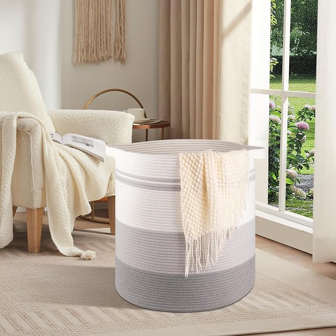 OIAHOMY 80L Laundry Basket Laundry Hamper Nursery Hamper White&Gray | Tall Dirty Clothes Hamper with Handle,Blanket Basket,Decorative Basket for Living Room,Storage Basket,Toy Storage