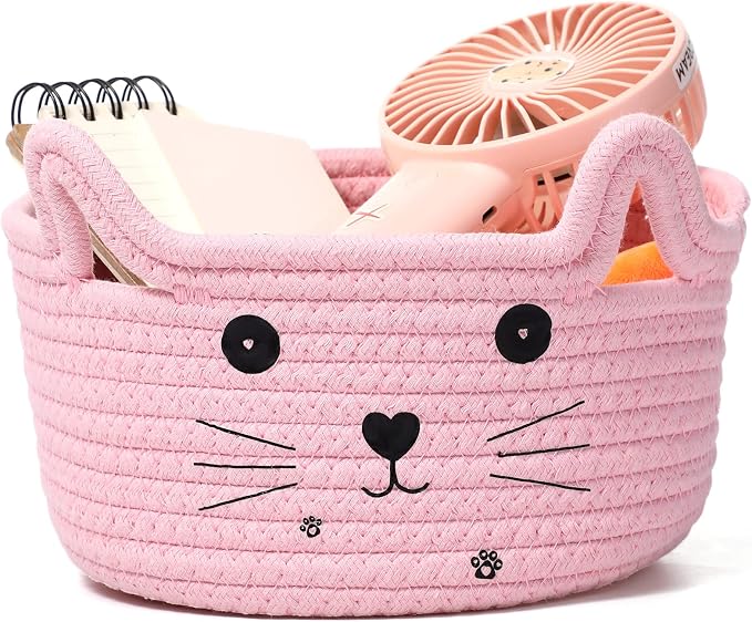 Zopeal Cat Storage Basket Woven Organizer with Ears Decorative Gift Cute Cotton Rope Pet Toy Basket for Gift Cat Dog Toy Bin Nursery Room(8.3 x 4.7 Inch,Pink)
