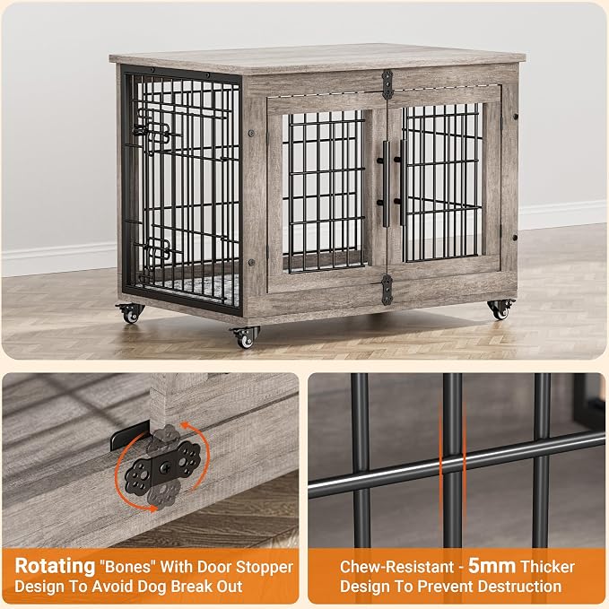 Medium Dog Crate Furniture, 32'' Heavy Duty Kennel w/Cushion & Wheels | Grey, Double Doors, Wooden Dog Cage, Chew-Resistant, End Table, Decorative, 27"/32"/38"/44" Options, Indoor