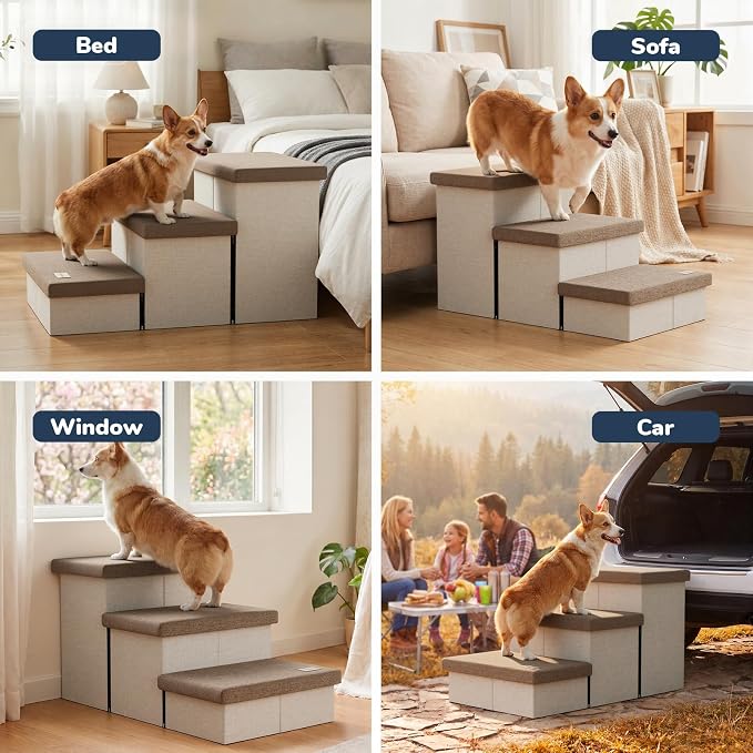 3-Step Wide Dog Stairs with Hidden Storage 18" H, Non-Slip Dog Steps for High Bed Couch Car, Jiont-Friendly Pet Stairs Ramp for Small/Medium/Large Old Dogs Cats Up to 220lbs, Beige&Coffee Lid