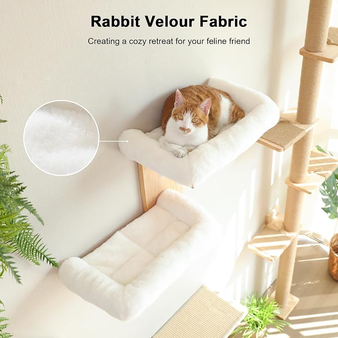 FUKUMARU Cat Wall Shelves, 2 Platform with Soft Cushion Perch | Floating Shelf Kitten Furniture, Solid Rubber Wood Cats Perch For 16 Inch Drywall, Suitable for Climb, Play, Nap