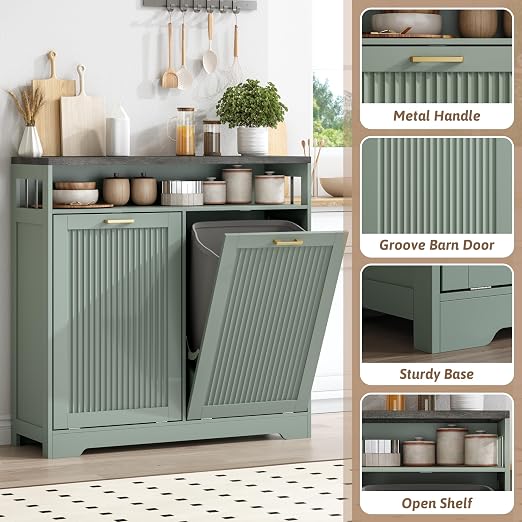 Pet-Proof Double 13 Gallon Tilt Out Trash Can Cabinet with Open Storage – Hide Garbage & Recycling Bins to Keep Your Kitchen Clean and Organized,Green