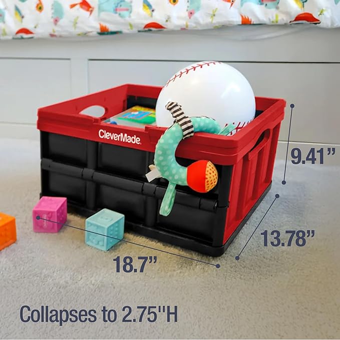CleverMade Collapsible Shopping Basket, 32L Storage Crate, 1 Pack, Red | Carry Bigger Grocery Hauls with Confidence | Rigid Walls Hold 35 lb, While Top and Side Handles Balance the Load