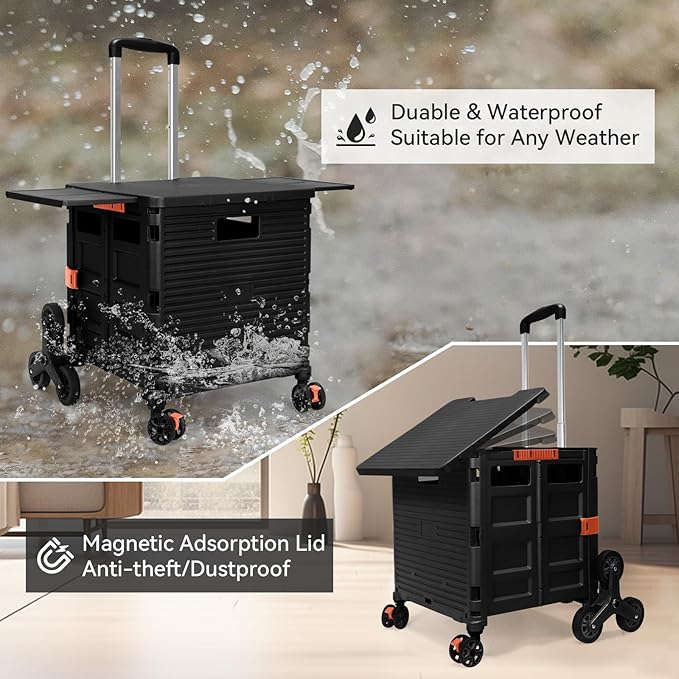 Foldable Utility Cart Portable Crate Rolling Dolly with Telescopic Handle,Can be Pulled diagonally, Magnetic Retractable Lid, 360°Swivel Climbing Wheels for Shopping Carrying Groceries Move Black