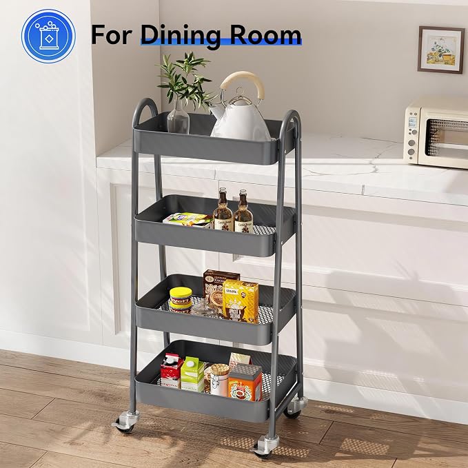 OLIXIS Metal 4 Tiers Rolling Storage Utility Cart with Lockable Wheels | Mobile Organizer Shelf, Space-Saving, Freestanding, Bathroom, Living Room, Slim, Narrow Corner Spaces, Gray