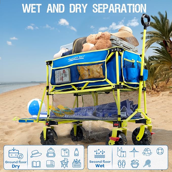 Old Bahama Bay 400L Collapsible Double Decker Beach Wagon with Brakes, Folding Beach Cart with 54" Extra Long Decker, 450LBS Heavy Duty Wagon Chart with All-Terrain Big Wheels for Sand Camping Garden