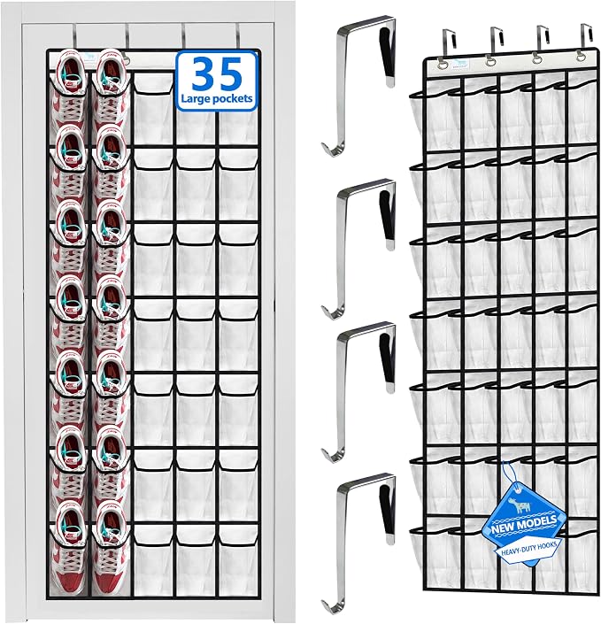 Over the Door Shoe Organizer, 2025 Upgrade 35 Large Pockets for Shoe Storage, Hanging Shoe Holder with Metal Hook, Clear Shoe Rack for Closet Bathroom Door Space Saving - White