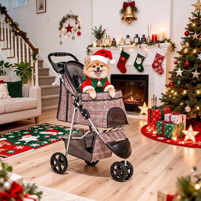 MoNiBloom Pet Stroller for Small/Medium Dogs and Cats, Leopard Print | Foldable Dog Stroller 3 Wheels Pet Strolling Cart w/ Storage Basket Cup Holder, Breathable and Visible Mesh for All-Season