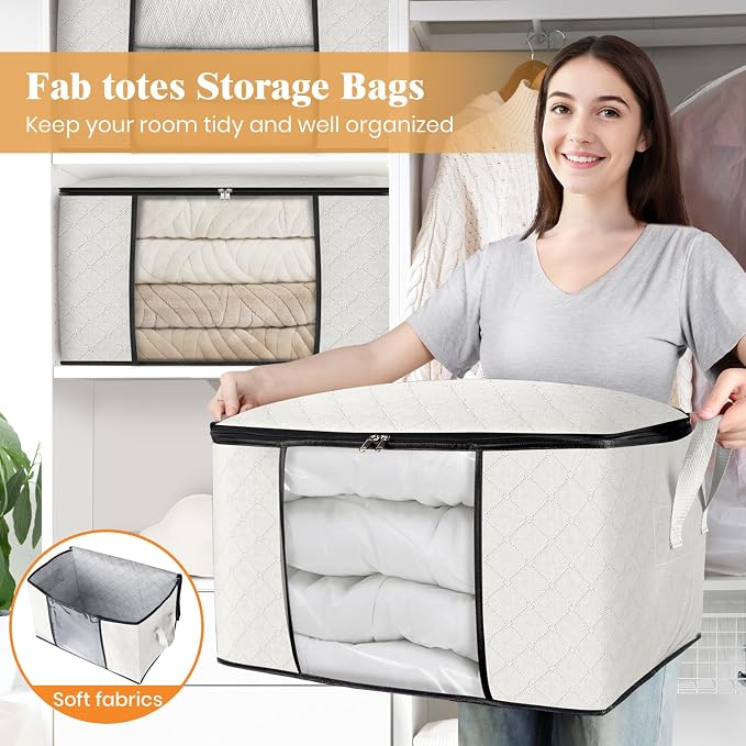 8 Pack Storage Bags for Clothes Blanket Storage Bins with Lids | Foldable Closet Organizers with Zippers,Window and Handles,Fabric Storage Bins for Sweater,Comforter,Bedding,Dorm essentials