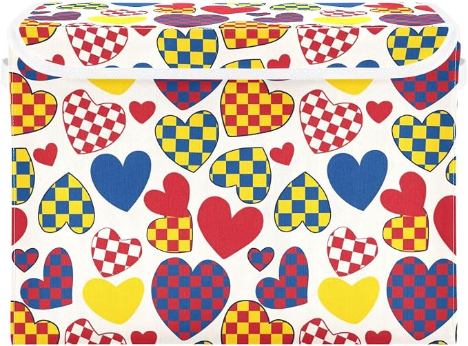 Color Heart Fabric Storage Bins with Lid Foldable Storage Boxes 40L Baskets | Decorative Storage Boxes, Dust-Proof Flip Top, Reinforced Handles, For Home & Bedroom, Clothes & Toy Box, Oxford Fabric Print