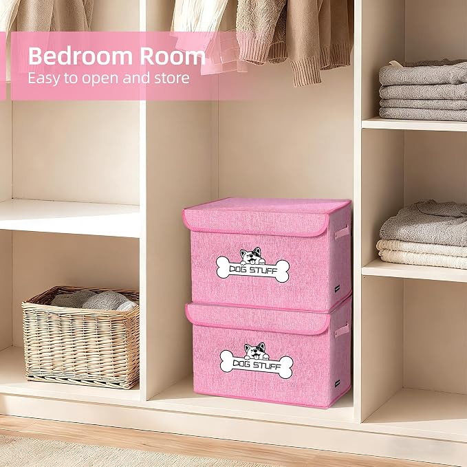 Dog Toy Basket with Lid, Collapsible Box for Pet Accessories | Storage Bin for Living Room, Fabric Container with Handle, Organizer for Small Medium dogs, Pink