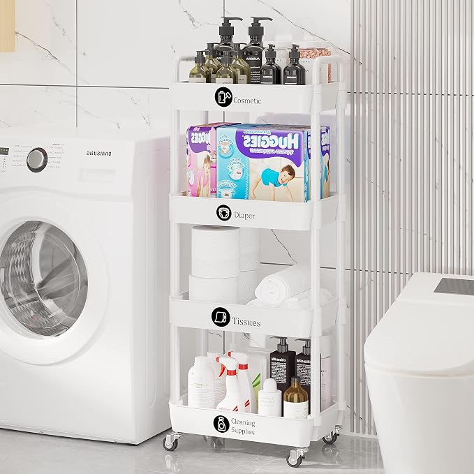 Laiensia 4-Tier Storage Carts,Multifunction Utility Rolling Cart Kitchen Storage Organizer,Mobile Shelving Unit Cart with Lockable Wheels for Bathroom,Laundry,Living Room,With Classified Sticker,White