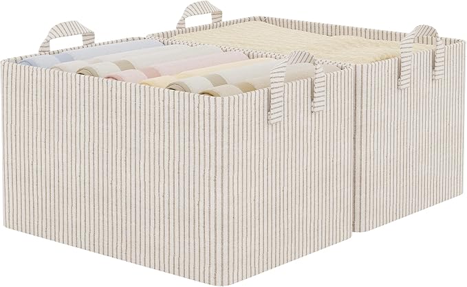 StorageWorks Closet Storage Bins, Khaki and Beige Stripes, 45L, 2-Pack | Extra Large, with Reinforced Handles, Metal Frame, Collapsible, Basket for Shelves, Closet, Holds Clothes, Towels, Blankets