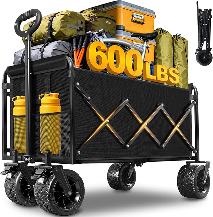 Wagons Carts Foldable Heavy Duty, 600 lb Tank Wheel Wagon with Brakes | Tank wheel utility wagon for groceries, beach, camping, garden and moving; 220L storage, all-terrain wheels and dual brakes