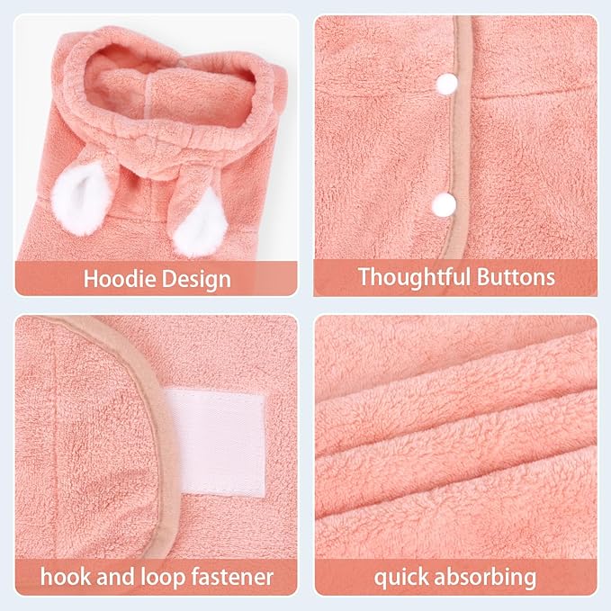 Pet Bathrobe Towel Dog Cat Drying Coat Super Absorbent Cute Dogs Bath Towel Hooded Robe Adjustable Collar & Belly Strap for XSmall to XLarge Pets (Coralpink, Small)