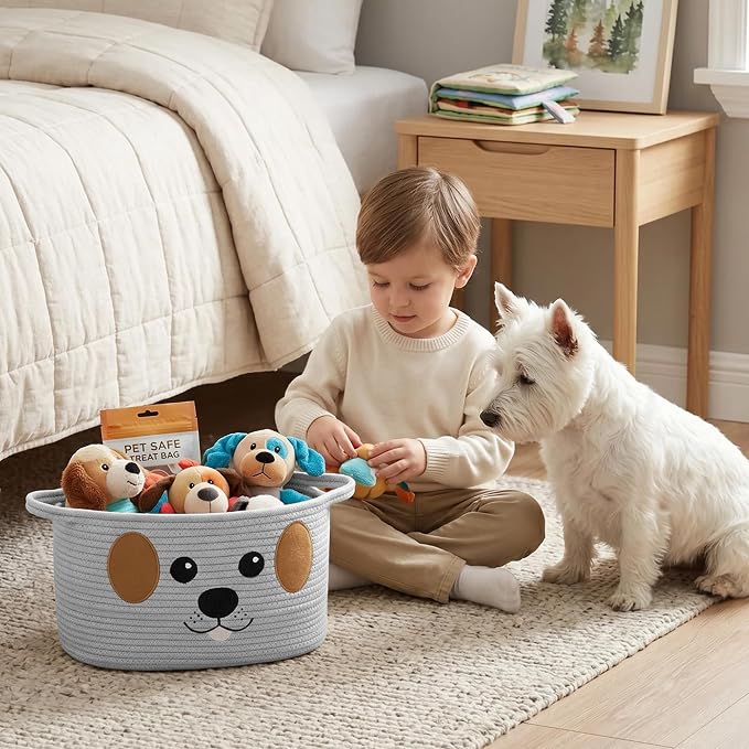 Woven Dog Toy Basket, Cute Embroidered Pet Toy Bin, Soft Cotton Rope Dog Organization and Storage, Medium Pet Stuff Organizer, Puppy Animal Storage Basket for Leashes, Gifts, 15"x11"x9", Gray