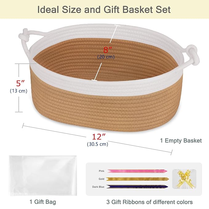 Small Empty Gift Basket with Bag & Ribbons, White & Camel | 12“x8”x5”, Cotton Rope Woven Basket for Birthdays, Baby Showers, Mother's Day, Christmas; Stores Small Items, Kids & Pet Toys