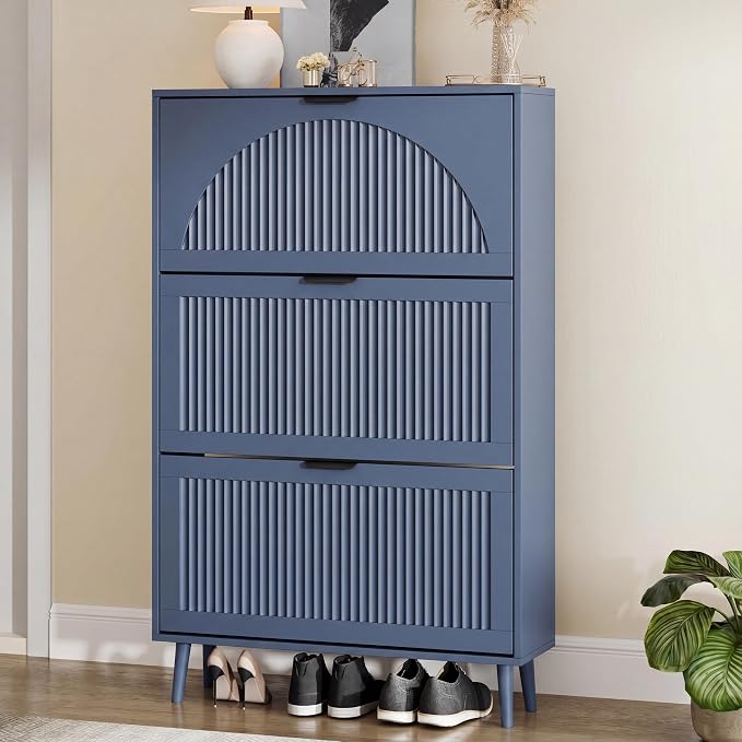 Shoe Storage Cabinet with 3 Flip Drawers, Narrow Wood Shoe Organizer Cabinet with Fluted Panel, Slim Shoe Rack for Entryway, Freestanding Shoe Cabinet for Living Room, Hallway, Blue