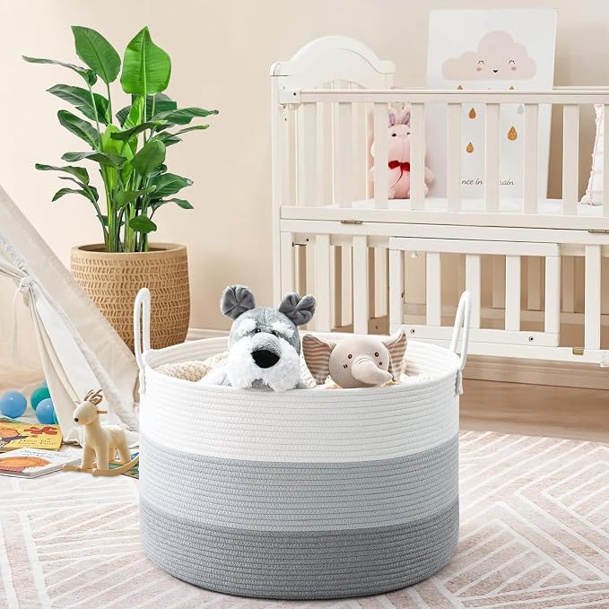 67L Large Woven Blanket Basket, Cotton Rope Baby Laundry Hamper with Handles, Kids Toy Basket for Classroom & Nursery, Soft Round Stuffed Animal Storage, Dog Toy Bin - 20"x13", Gray