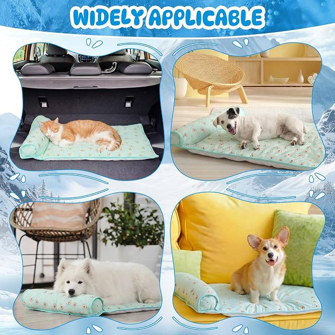 DoubleFill 4 Pack Cooling Pet Mats 23.6" x 31.5" Cooling Dog Beds with Supportive Pillow Self Ice Cool Pads Washable Summer Cat Sleeping Pad with Storage Bag for Summer Crate Floor (Large, Green)