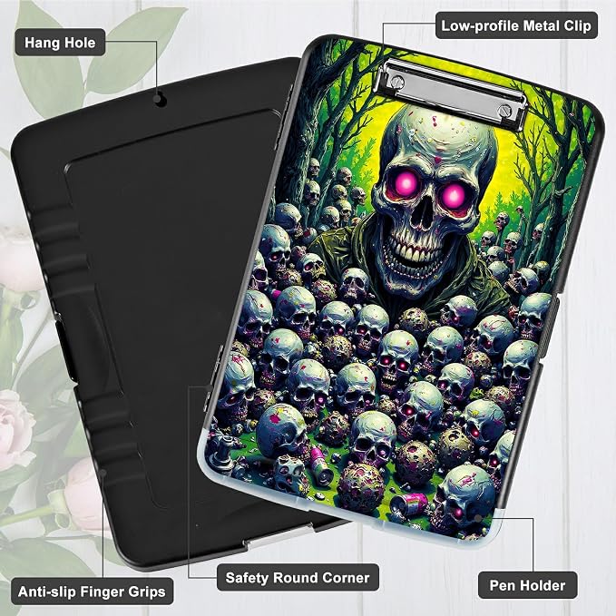 A4 Clipboard with Storage Pen Holder, Clipboards Organizer Nursing Clipboard Foldable File Folder Plastic Clipboard Folio Clip Board for Office Work Classroom Doctor, Forest Skull