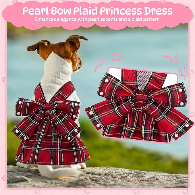 Coppthinktu Plaid Dog Dresses for Small Dogs Girl Bowknot Harness Leash Set