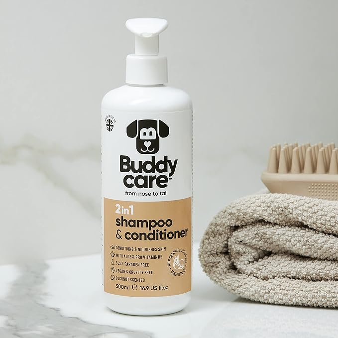 Buddycare 2in1 Dog Shampoo and Conditioner (16.90oz) | Coconut Scented Dog Shampoo Sensitive Skin | Hypoallergenic Itch Relief for Smelly Dogs | Essential Dog Grooming Supplies