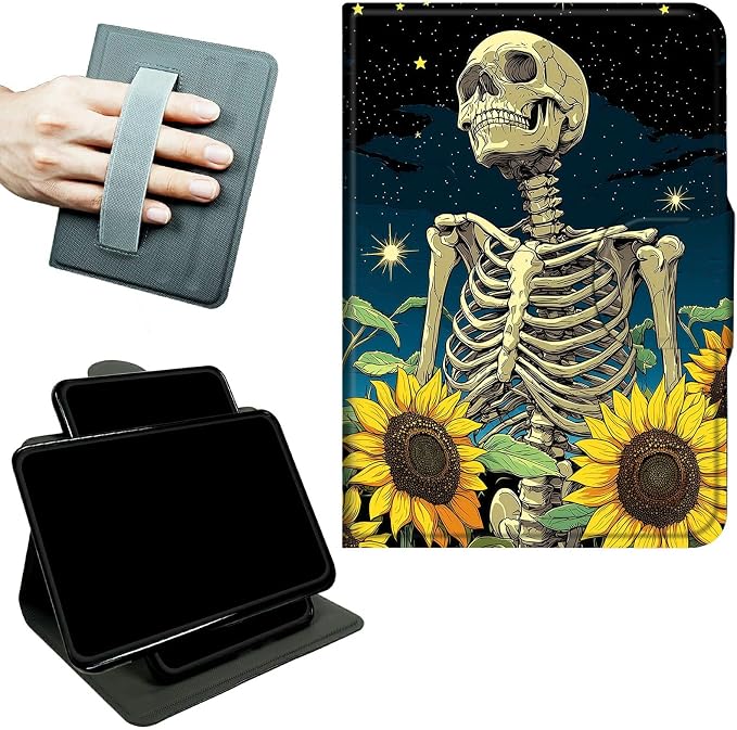 Rotating Handle Case for Samsung Galaxy Tab A8 10.5" 2022 (SM-X200/X205/X207), 360 Degree Swivel Kickstand with Magnetic Closure Shockproof Leather Cover for Women Men, Dark Skull Sunflower