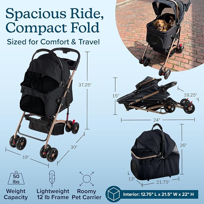 2-in-1 Pet Stroller with Detachable Carrier - Lightweight Foldable Dog Strollers for Small Dogs and Cats - Cat Carrier with 4 Shock Absorbing Wheels, Cupholders and Storage Basket by PETMAKER (Black)
