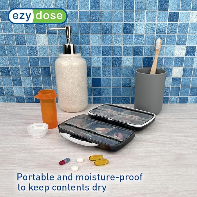 Ezy Dose Moisture-Proof Travel Pill Case, 8 Compartments, Black, Large | Moisture-Proof Pill Case, Medicine Planner, Vitamin Organizer Box, Travel-Friendly, Latch-Closure to Secure Contents