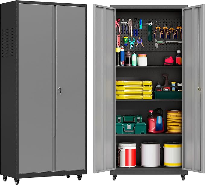 71''H Garage Storage Cabinet, Meatl Storage Cabinet with Lock | Tool Storage Cabinet, Steel Tool Cabinet with 2 Doors and Shelves for Garage, Warehouse, Assembly Required, Gray