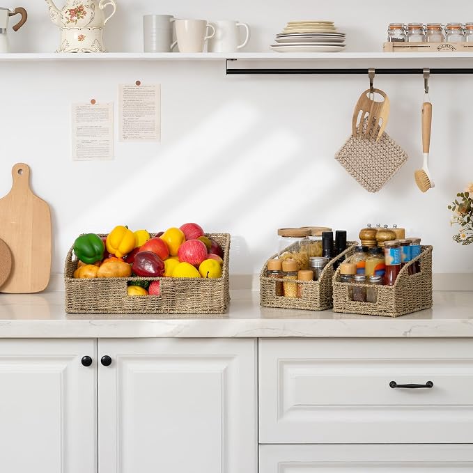 StorageWorks Seagrass Storage Baskets, Pantry Organizers and Storage,3-Pack | Pantry Storage Baskets, Wicker Baskets with Built-in Handles, Handwoven Shelf Baskets for Organizing, Pantry Organization