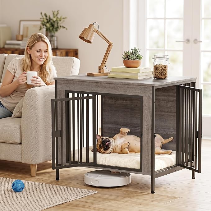 EasyCom 28.15" Dog Crate Furniture for 1 or 2 Dogs, Brown | Fits Dogs 0–20 lbs, Heavy Duty Indoor Kennel, Works as TV Stand for Small Pets