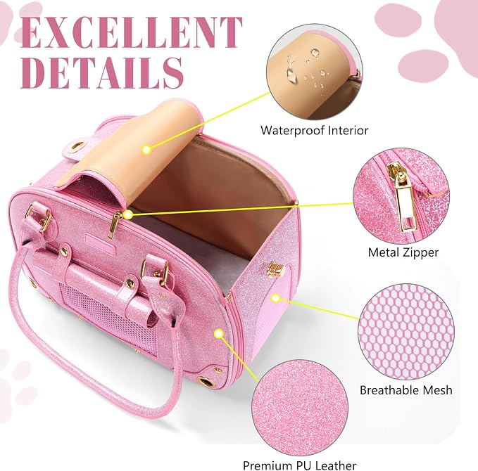Dog Carrier Purse, Pet Carrier, Bling Waterproof Premium Leather Pet Travel Portable Bag Carrier for Cat and Small Dog Home & Outdoor Small Bling Pink