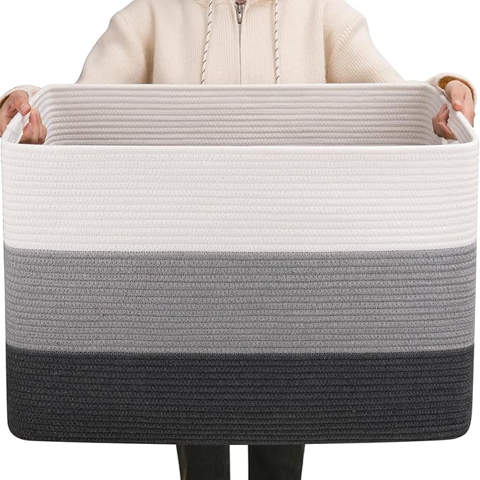 OIAHOMY 108L Extra Large Blanket Basket Dog Toy Basket radient Dark Grey | Rectangle Woven Baskets for Storage Cotton Rope Basket For Living Room Toy Storage Blanket Storage Laundry Basket