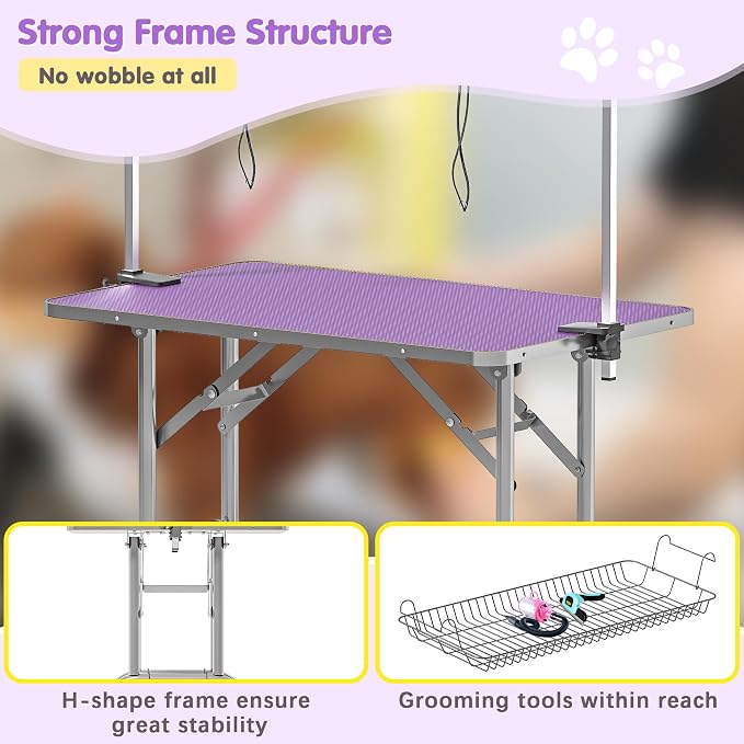 42'' Stainless Steel Pet Dog Grooming Table, Arm/Noose/Tray, Purple | Foldable Dog Grooming Table for Dogs at Home, Adjustable Height Arm, Non-Slip Waterproof Tabletop, Capacity 330Lb