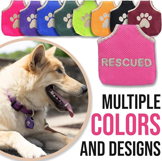 Woofhoof Dog Tag Silencer, Pink Rescued - Quiet Noisy Pet Tags - Fits Up to Four Pet IDs - Dog Tag Cover Protects Metal Pets IDs, Made of Durable Nylon, Universal Fit, Machine Washable