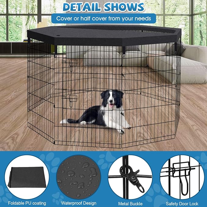 Peekaboo Dog Playpen 36 Inch, 8 Panel Metal Pet Fence with Top Cover | 36 Inch 8 Panel Foldable Rustproof Metal Dog Playpen with Octagonal Top Cover