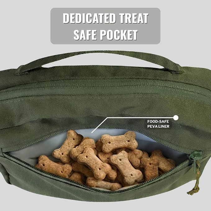Crossbody Dog Walking Bag, Treat Pouch & Poop Bag Holder, Olive Green | Crossbody dog walking bag, hands-free. PEVA-lined treat pouch, poop bag holder, leash hook. Water-resistant, 4-50 in. strap