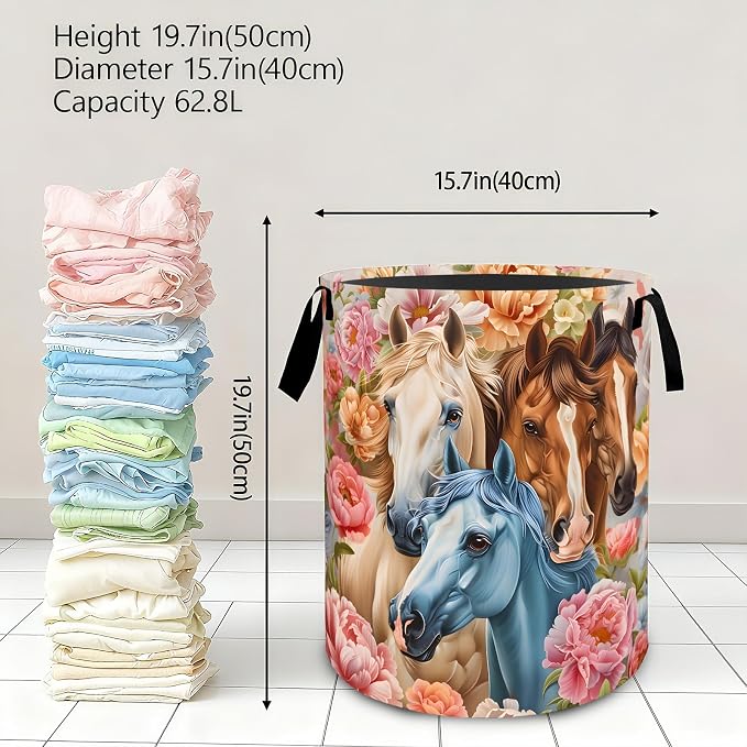 Elegant Horse Flower Laundry Basket,Rustic Dirty Clothes Hamper,Floral and Animal Storage Bin Gifts,Foldable Waterproof Oxford Cloth Baskets for Bathroom,Bedroom,Home Decoration(19.7" x 15.7")